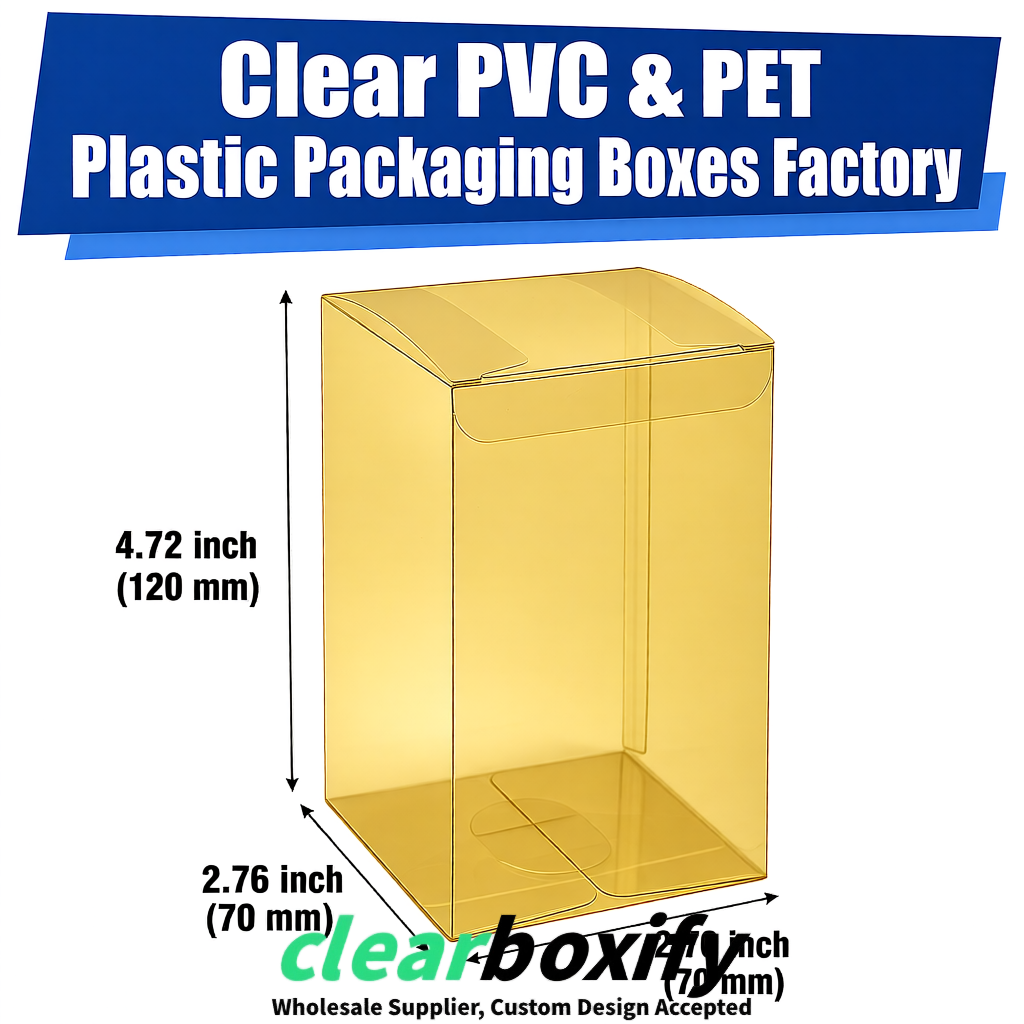 PPWR-Aligned Gold Translucent PVC & PET Boxes 60x60x180mm 76x76x76mm 70x70x70/100/120mm