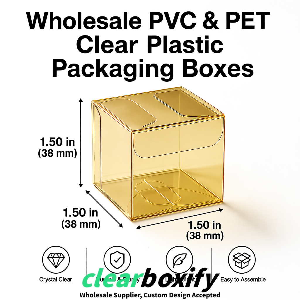 Gold Clear PVC & PET Boxes 38x38x38, 40x40x40, 50x50x50/80mm Gold Clear PVC & PET Boxes 38x38x38, 40x40x40, 50x50x50/80mm