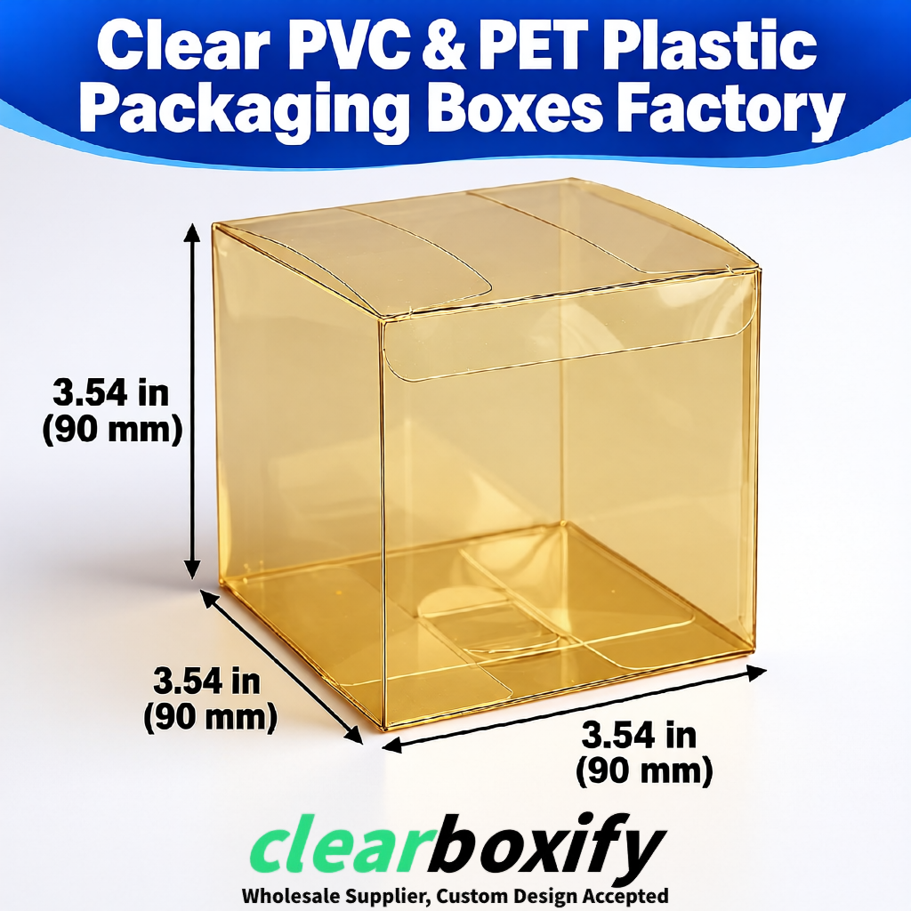 Wholesale Gold Clear PVC & PET Boxes 90x90x90mm 100x100x30/50/100mm