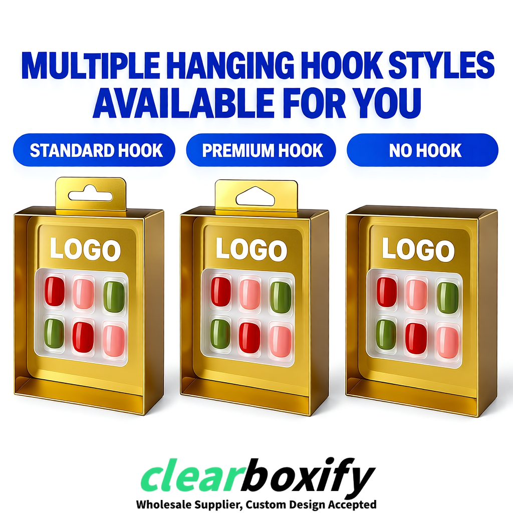 Gold Clear Press-on Nails Box with Hanging Hook | Plastic PVC PP PET Packaging