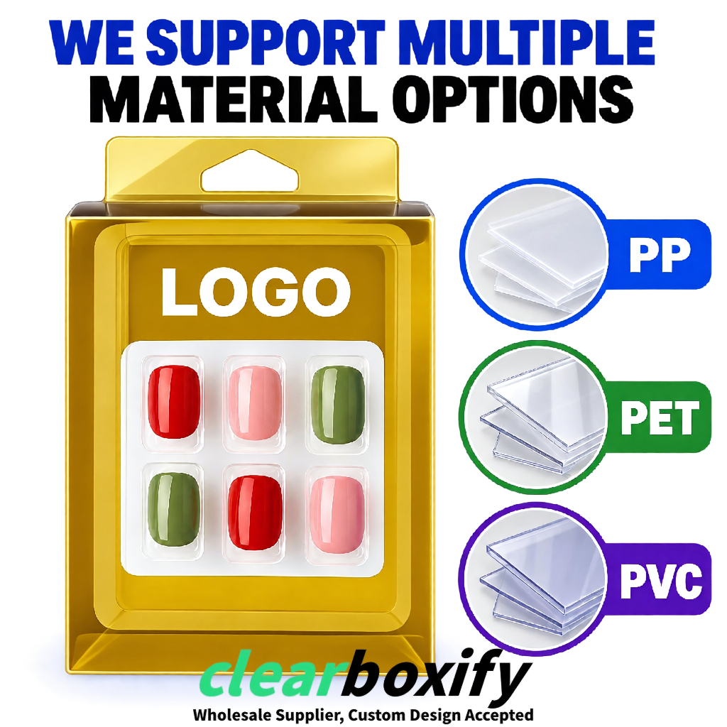 Gold Clear Press-on Nails Box with Hanging Hook | Plastic PVC PP PET Packaging Gold Clear Press-on Nails Box with Hanging Hook | Plastic PVC PP PET Packaging