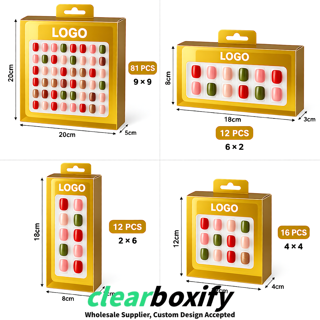 Gold Clear Press-on Nails Box with Hanging Hook | Plastic PVC PP PET Packaging