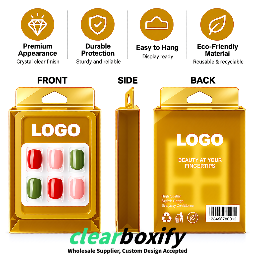 Gold Clear Press-on Nails Box with Hanging Hook | Plastic PVC PP PET Packaging