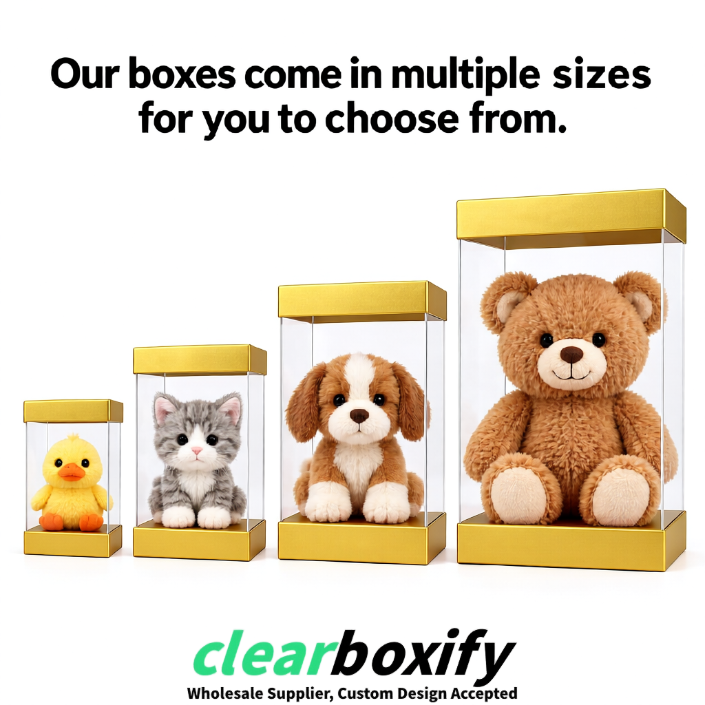 Gold Clear Toy Display Boxes with White Base & Top | Wholesale Bulk Packaging