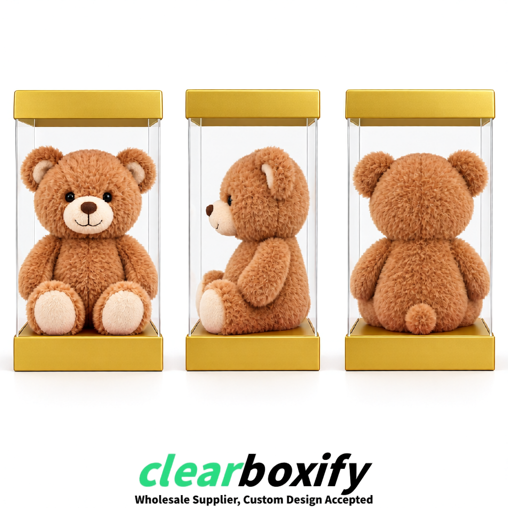 Gold Clear Toy Display Boxes with White Base & Top | Wholesale Bulk Packaging