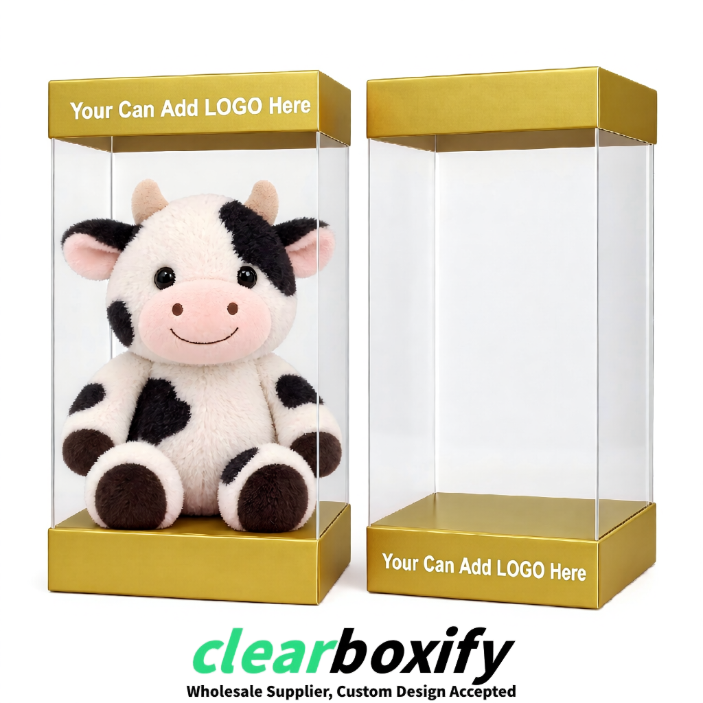 Gold Clear Toy Display Boxes with White Base & Top | Wholesale Bulk Packaging
