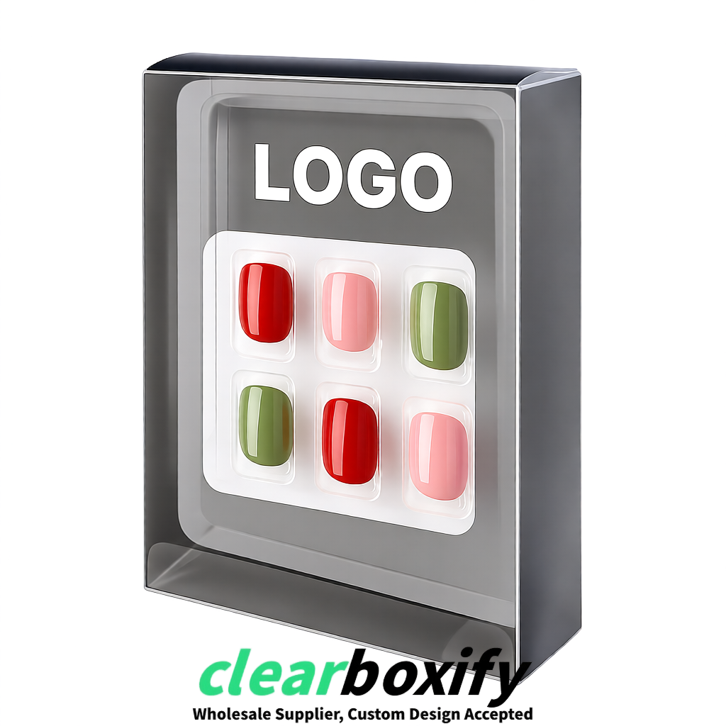 Gray Clear Press-on Nails Box with Hanging Hook | Plastic PVC PP PET Packaging