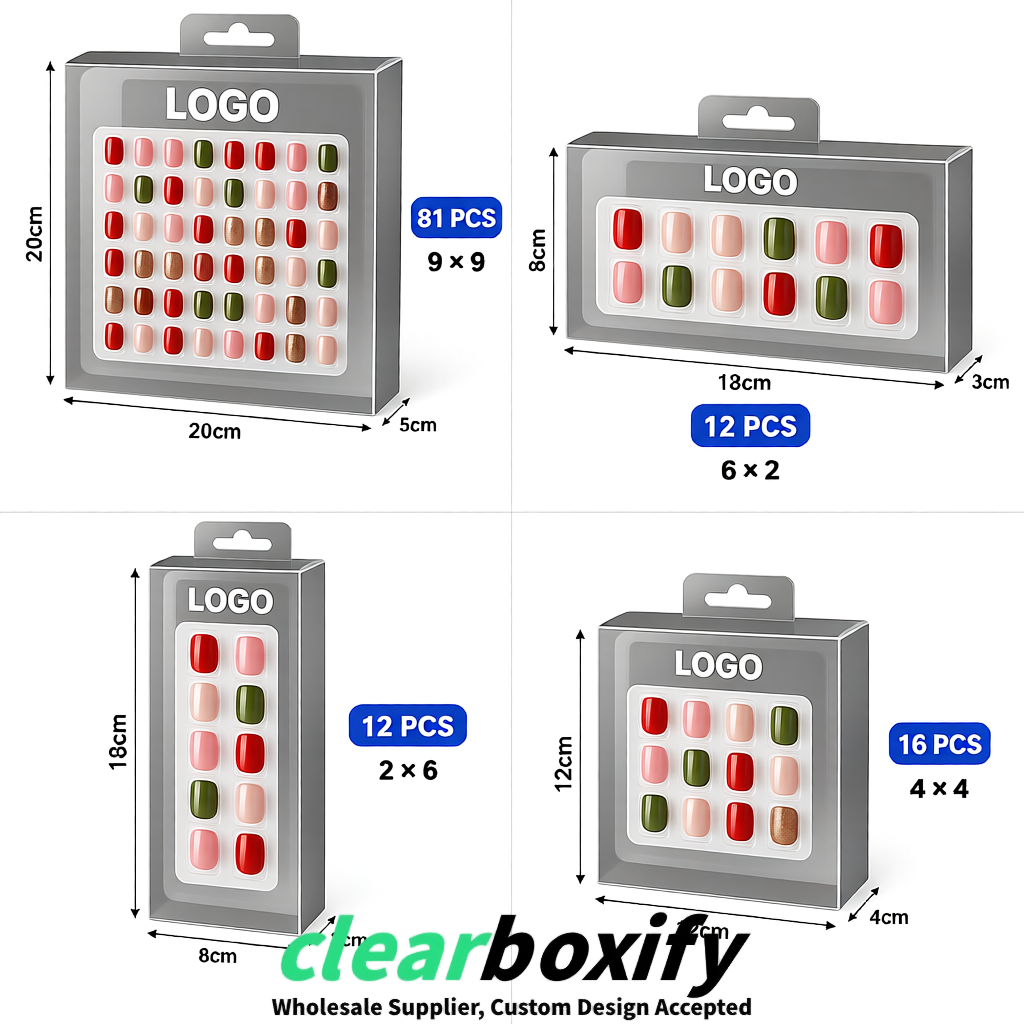 Gray Clear Press-on Nails Box with Hanging Hook | Plastic PVC PP PET Packaging