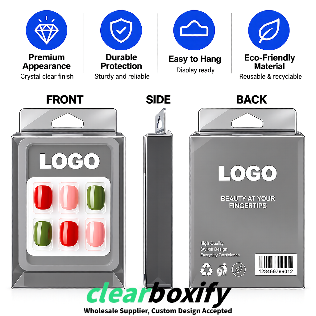 Gray Clear Press-on Nails Box with Hanging Hook | Plastic PVC PP PET Packaging