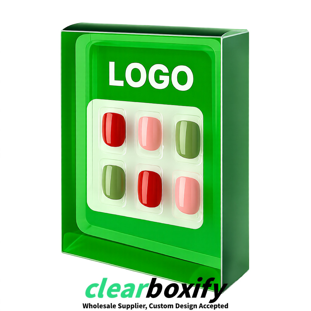 Green Clear Press-on Nails Box with Hanging Hook | Plastic PVC PP PET Packaging
