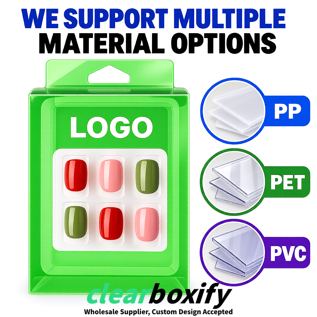 Green Clear Press-on Nails Box with Hanging Hook | Plastic PVC PP PET Packaging