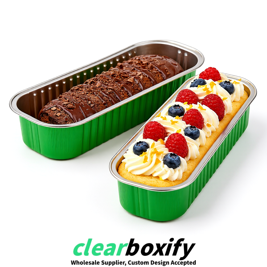 Green Mini Loaf Pans with Clear Lids 6.8oz Rectangular Aluminum Foil Baking Pans Supplier Green Mini Loaf Pans with Clear Lids 6.8oz Rectangular Aluminum Foil Baking Pans Supplier