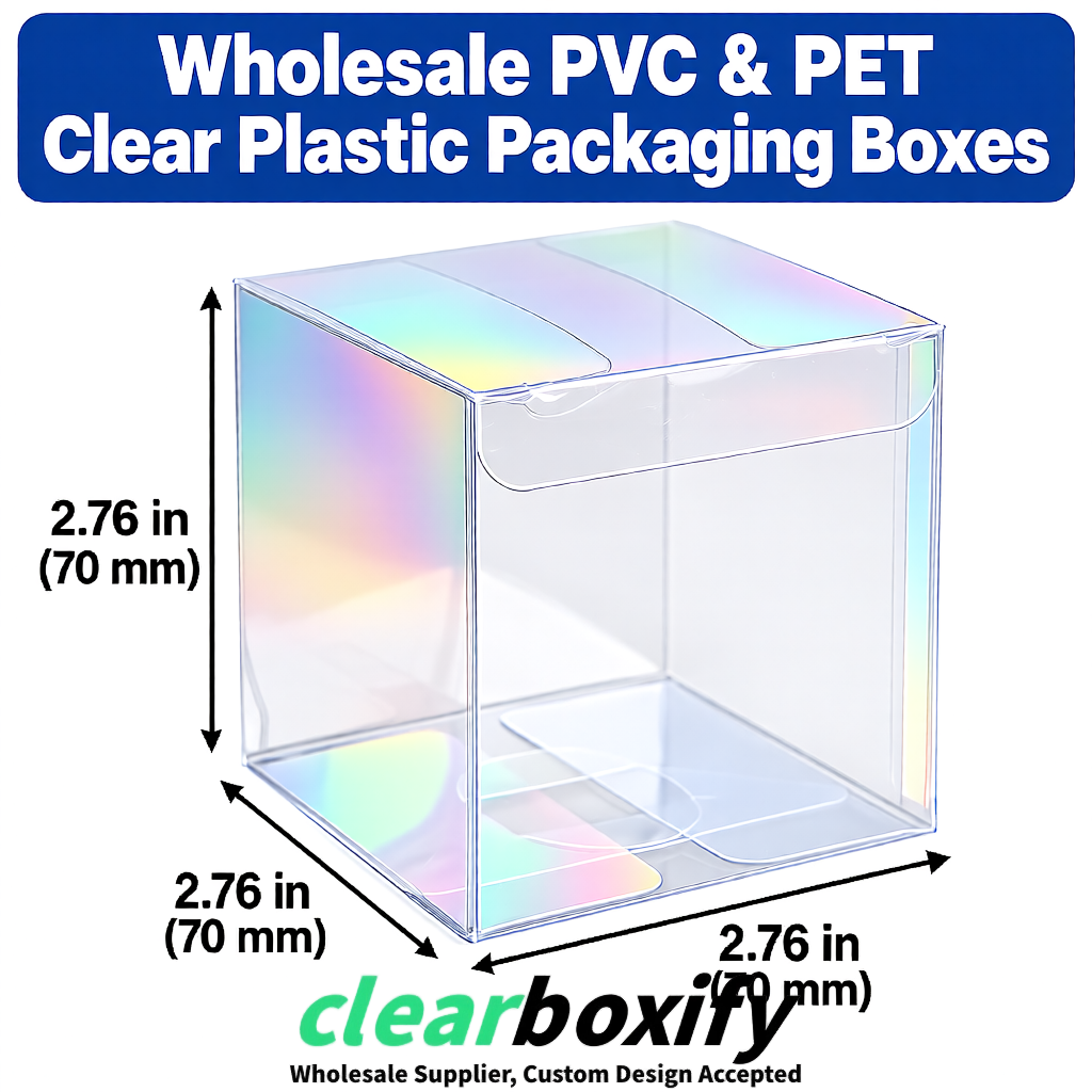 PPWR-Aligned Holographic Translucent PVC & PET Boxes 60x60x180mm 76x76x76mm 70x70x70/100/120mm