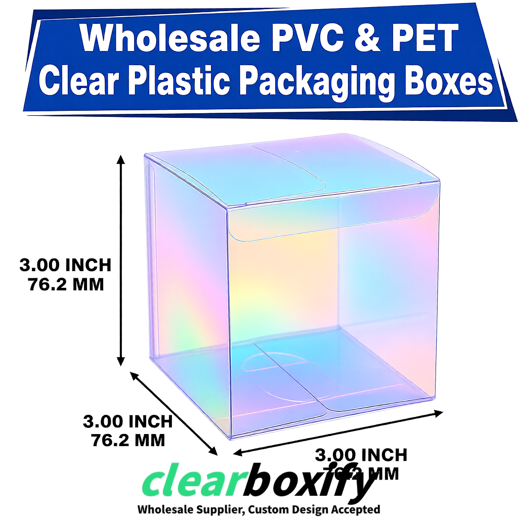 PPWR-Aligned Holographic Translucent PVC & PET Boxes 60x60x180mm 76x76x76mm 70x70x70/100/120mm