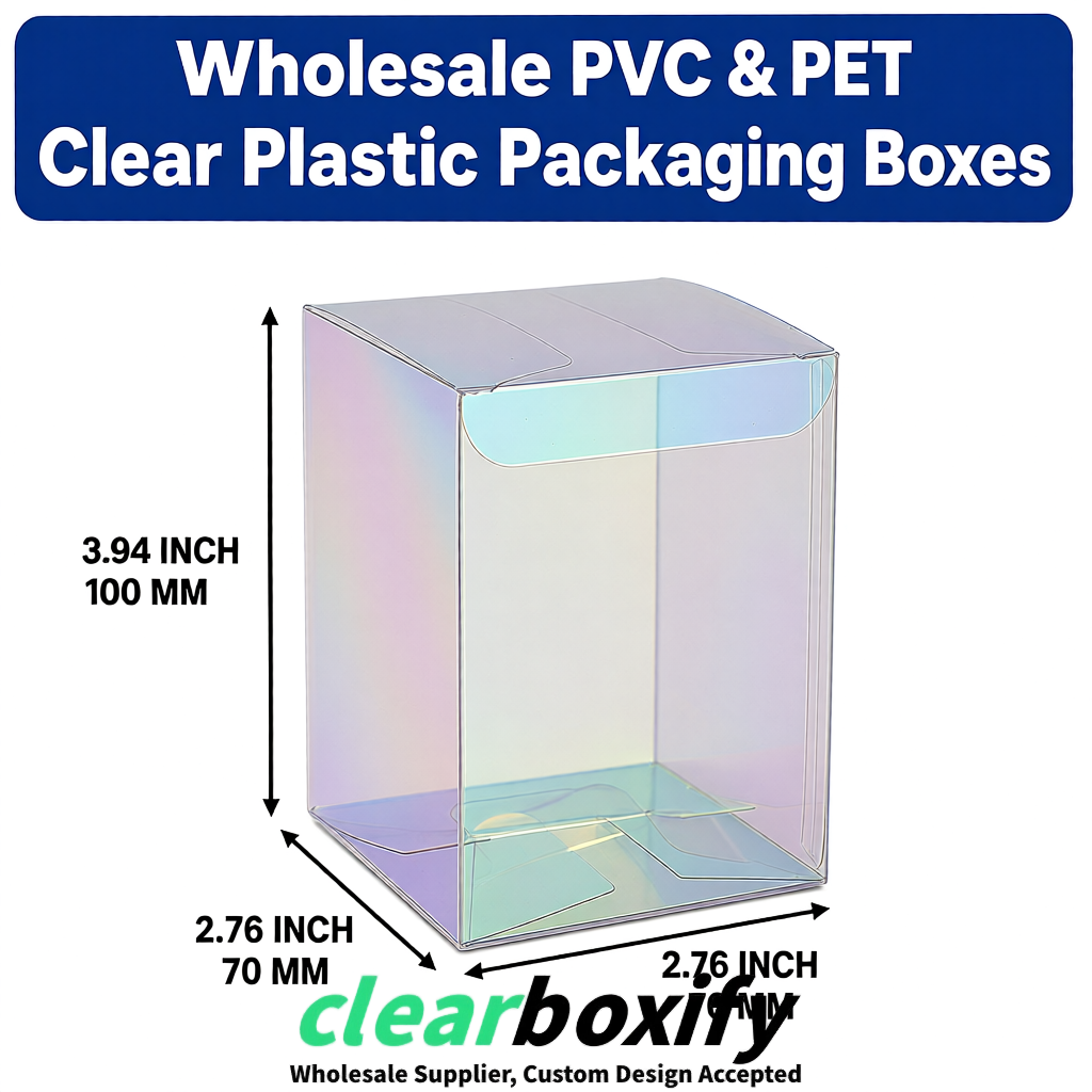PPWR-Aligned Holographic Translucent PVC & PET Boxes 60x60x180mm 76x76x76mm 70x70x70/100/120mm