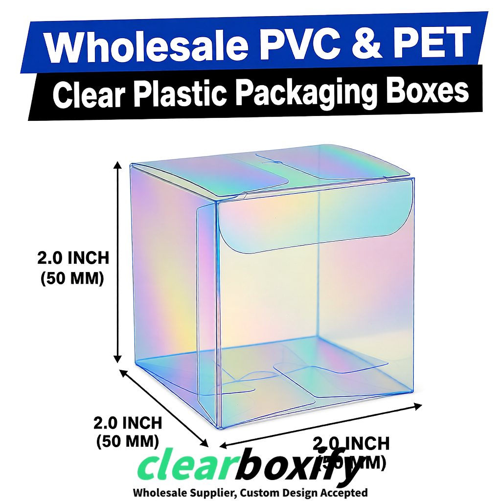 Holographic Clear PVC & PET Boxes 38x38x38, 40x40x40, 50x50x50/80mm
