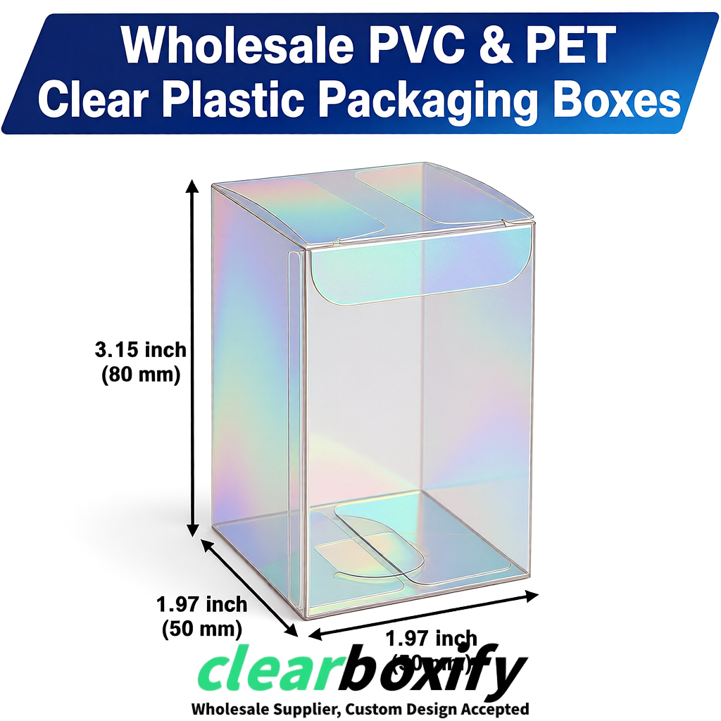Holographic Clear PVC & PET Boxes 38x38x38, 40x40x40, 50x50x50/80mm