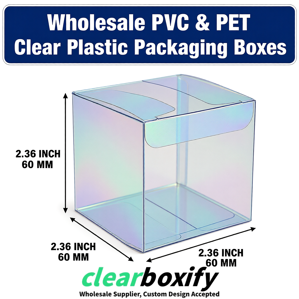 Holographic Wholesale Clear PVC & PET Boxes 50x50x120/150/200mm 60x60x60/120 mm