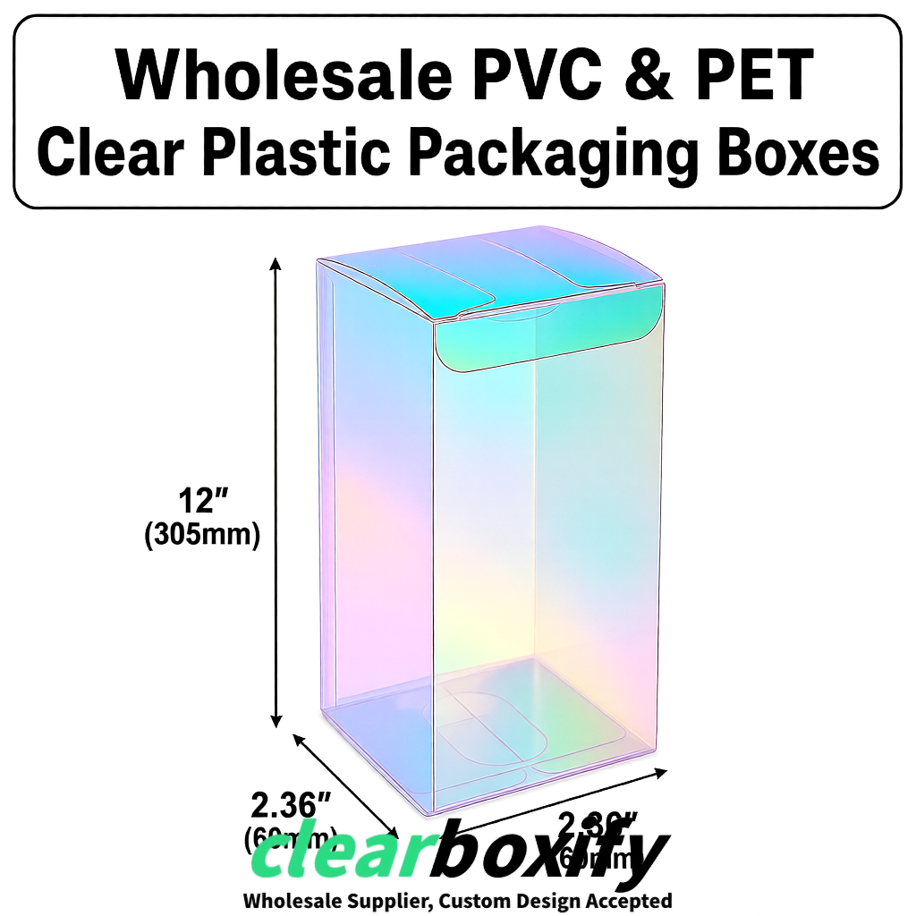 Holographic Wholesale Clear PVC & PET Boxes 50x50x120/150/200mm 60x60x60/120 mm