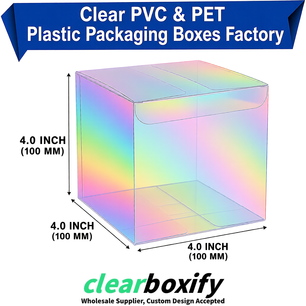 Wholesale Holographic Clear PVC & PET Boxes 90x90x90mm 100x100x30/50/100mm