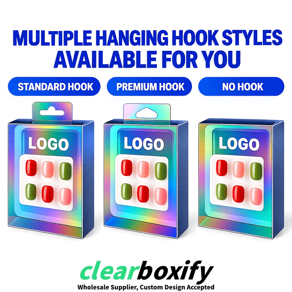 Holographic Clear Press-on Nails Box with Hanging Hook | Plastic PVC PP PET Packaging
