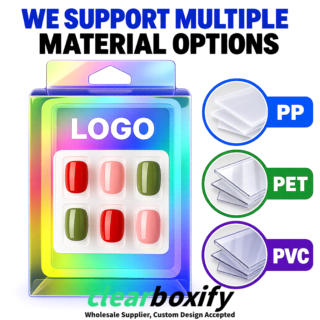 Holographic Clear Press-on Nails Box with Hanging Hook | Plastic PVC PP PET Packaging Holographic Clear Press-on Nails Box with Hanging Hook | Plastic PVC PP PET Packaging