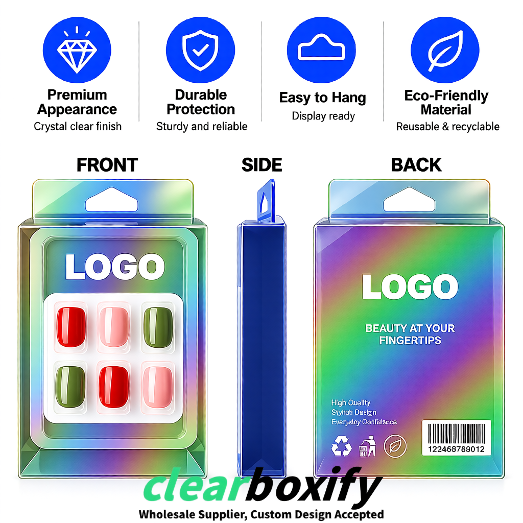 Holographic Clear Press-on Nails Box with Hanging Hook | Plastic PVC PP PET Packaging