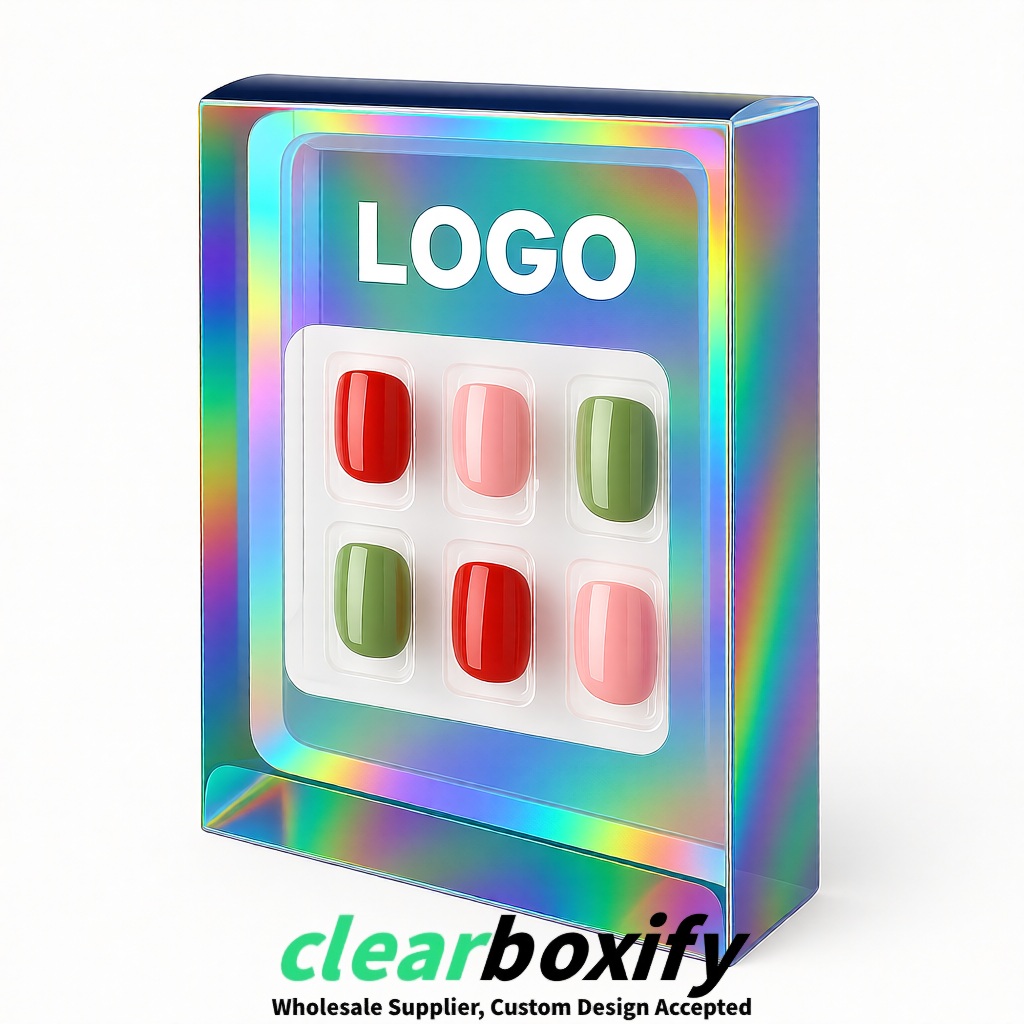 Holographic Clear Press-on Nails Box with Hanging Hook | Plastic PVC PP PET Packaging