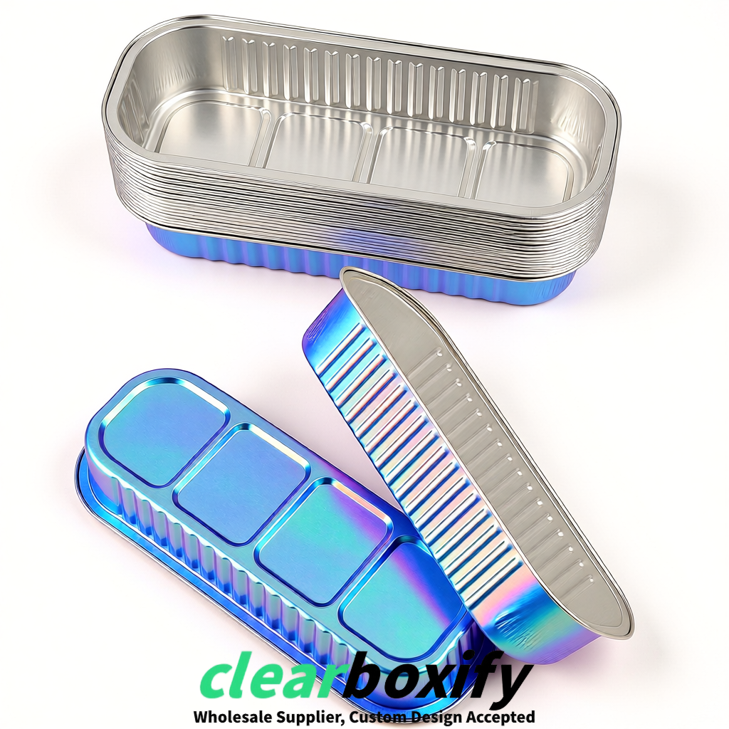 Holographic Mini Loaf Pans with Clear Lids 6.8oz Rectangular Aluminum Foil Baking Pans Supplier