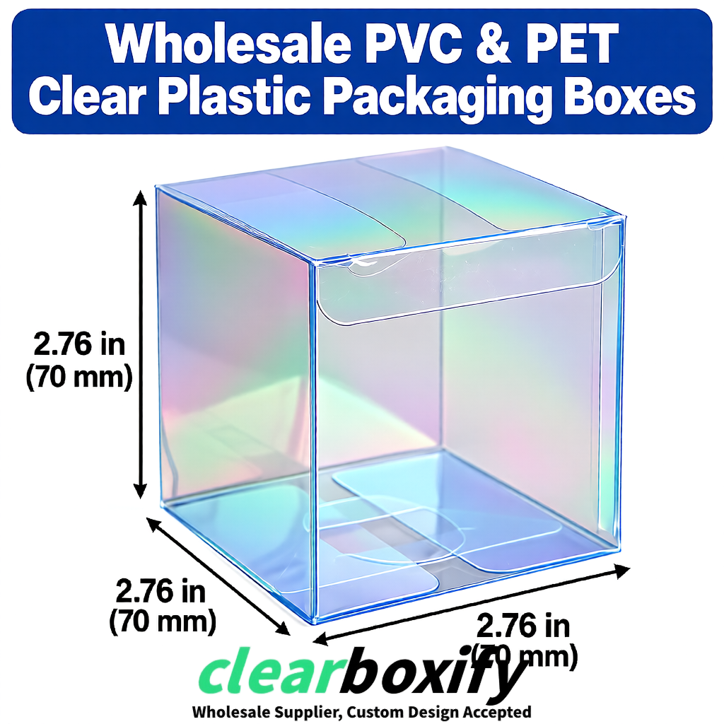 PPWR-Aligned Iridescent Translucent PVC & PET Boxes 60x60x180mm 76x76x76mm 70x70x70/100/120mm