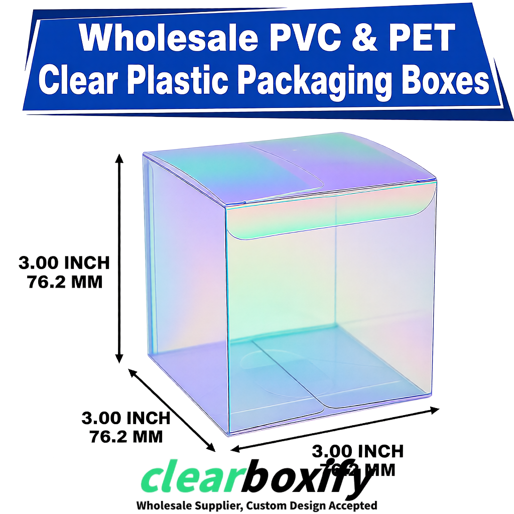 PPWR-Aligned Iridescent Translucent PVC & PET Boxes 60x60x180mm 76x76x76mm 70x70x70/100/120mm