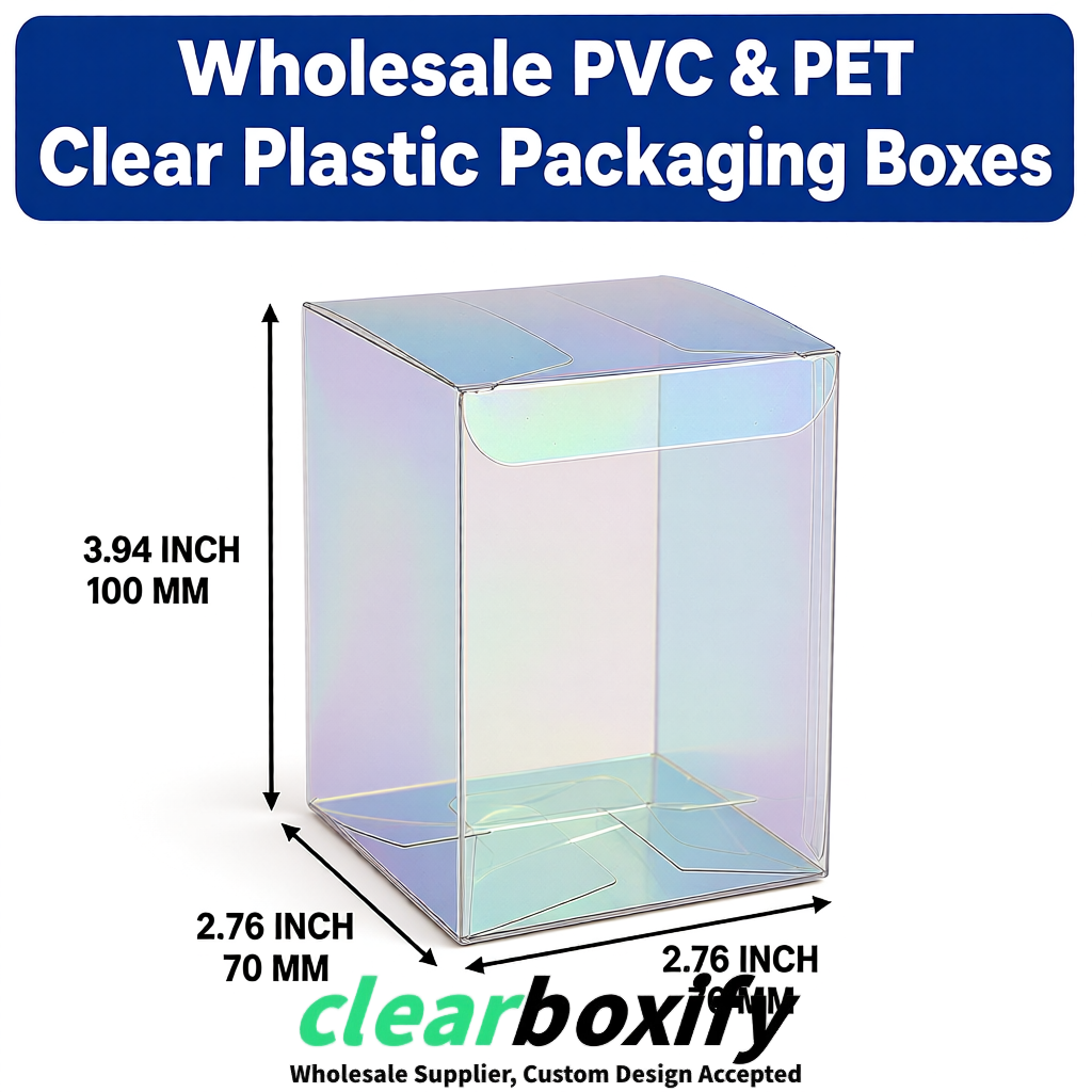 PPWR-Aligned Iridescent Translucent PVC & PET Boxes 60x60x180mm 76x76x76mm 70x70x70/100/120mm