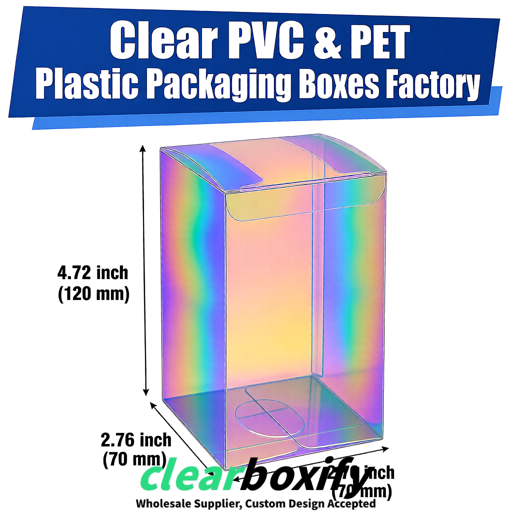 PPWR-Aligned Iridescent Translucent PVC & PET Boxes 60x60x180mm 76x76x76mm 70x70x70/100/120mm