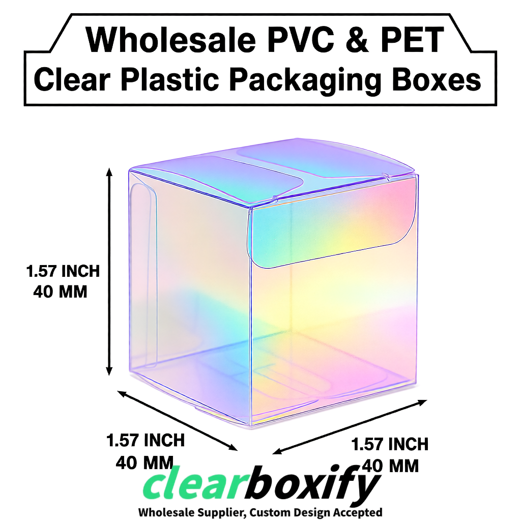 Iridescent Clear PVC & PET Boxes 38x38x38, 40x40x40, 50x50x50/80mm Iridescent Clear PVC & PET Boxes 38x38x38, 40x40x40, 50x50x50/80mm