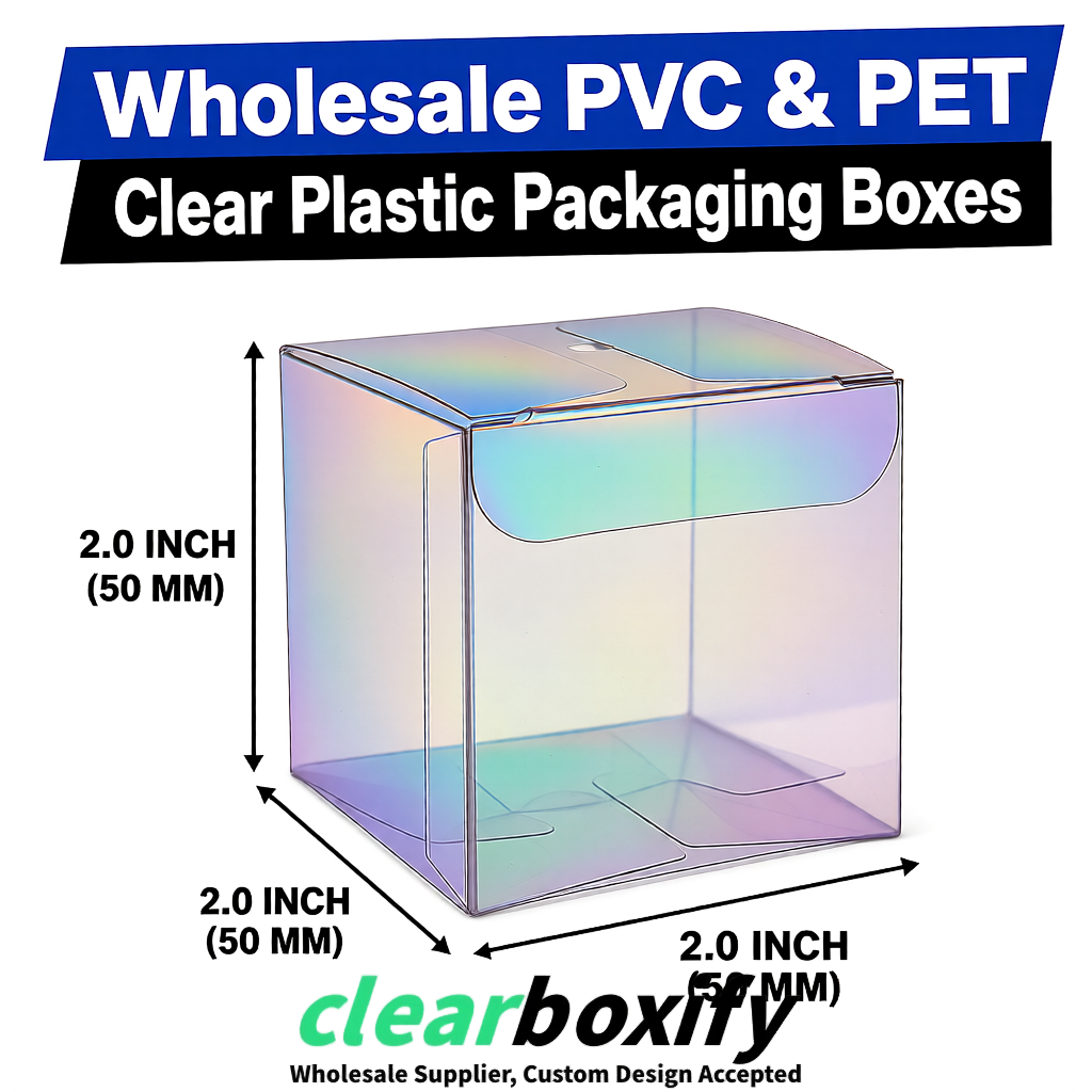 Iridescent Clear PVC & PET Boxes 38x38x38, 40x40x40, 50x50x50/80mm
