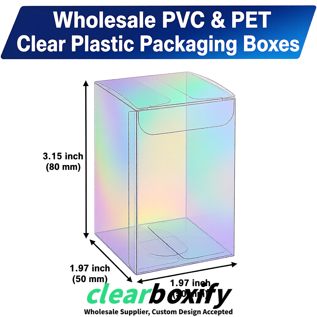 Iridescent Clear PVC & PET Boxes 38x38x38, 40x40x40, 50x50x50/80mm