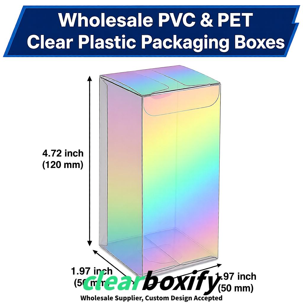 Iridescent Wholesale Clear PVC & PET Boxes 50x50x120/150/200mm 60x60x60/120 mm
