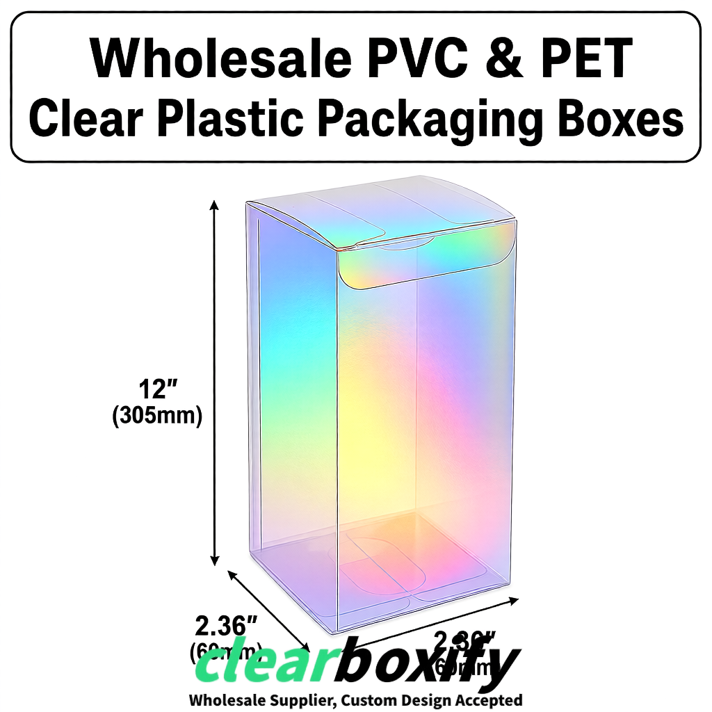 Iridescent Wholesale Clear PVC & PET Boxes 50x50x120/150/200mm 60x60x60/120 mm