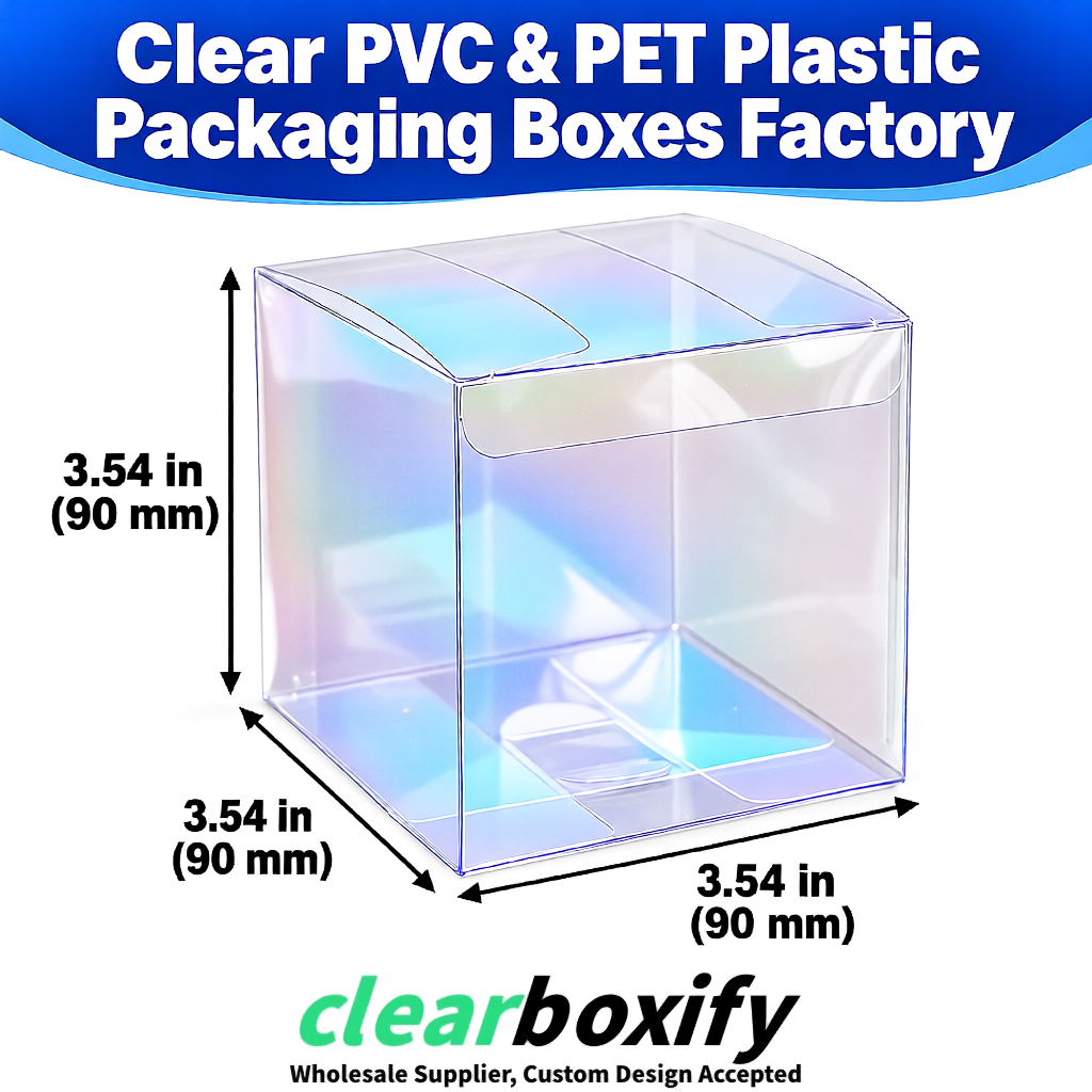 Wholesale Iridescent Clear PVC & PET Boxes 90x90x90mm 100x100x30/50/100mm