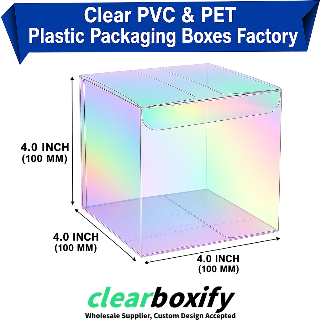 Wholesale Iridescent Clear PVC & PET Boxes 90x90x90mm 100x100x30/50/100mm