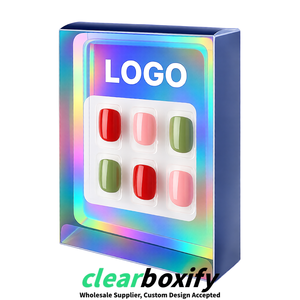 Iridescent Clear Press-on Nails Box with Hanging Hook | Plastic PVC PP PET Packaging