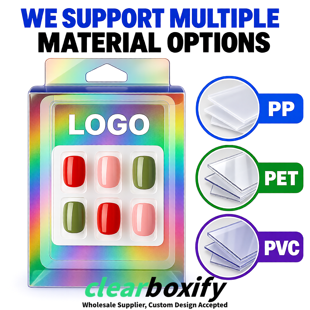 Iridescent Clear Press-on Nails Box with Hanging Hook | Plastic PVC PP PET Packaging