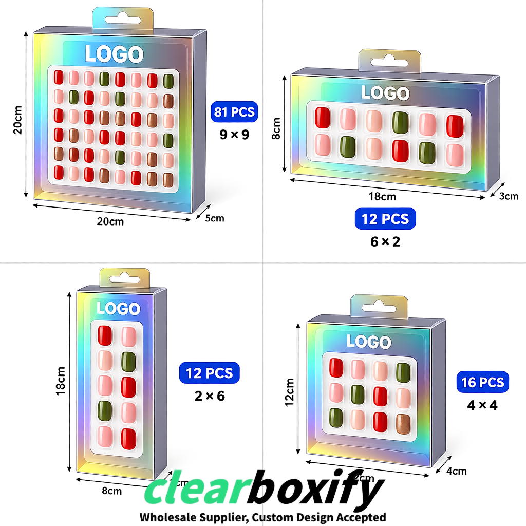 Iridescent Clear Press-on Nails Box with Hanging Hook | Plastic PVC PP PET Packaging