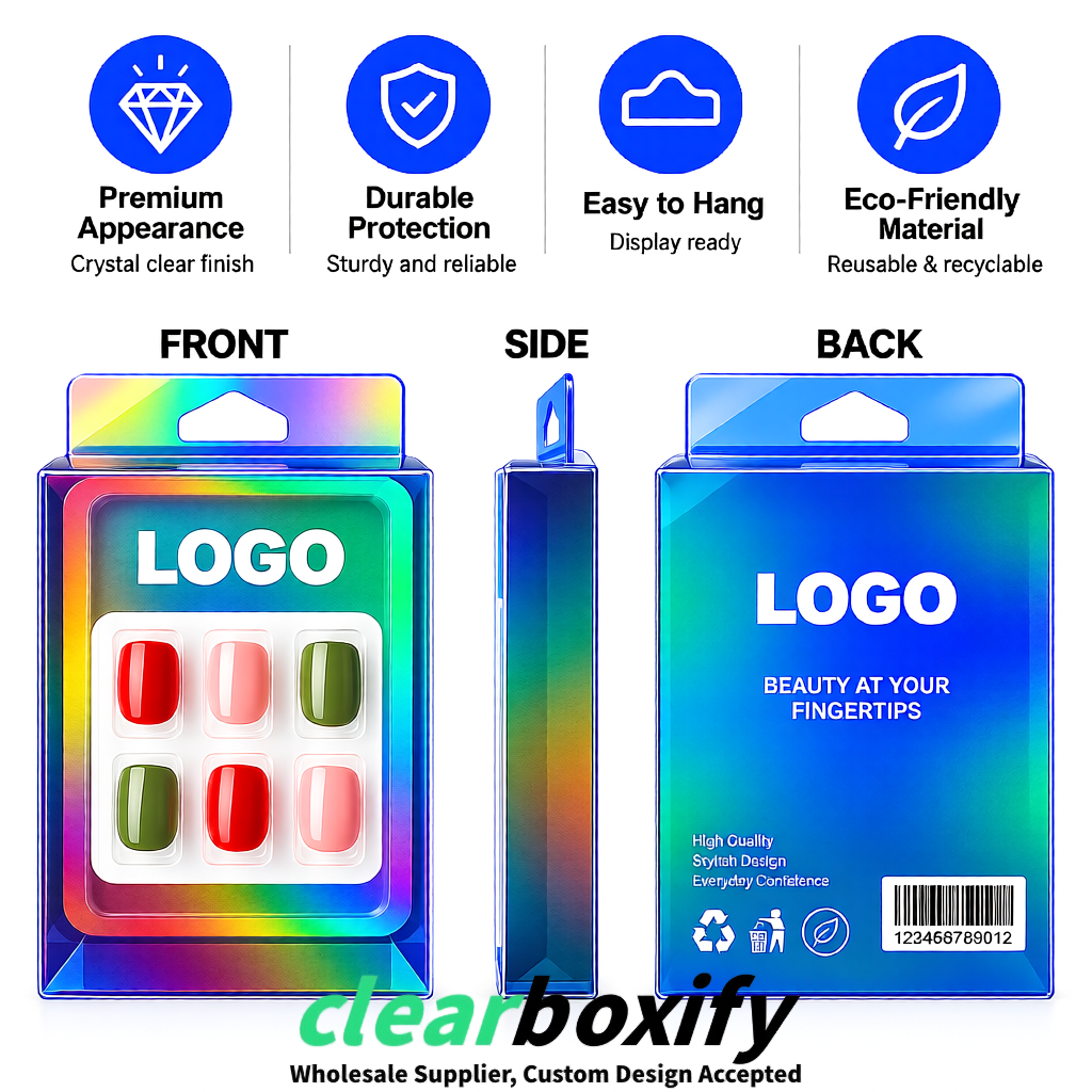 Iridescent Clear Press-on Nails Box with Hanging Hook | Plastic PVC PP PET Packaging