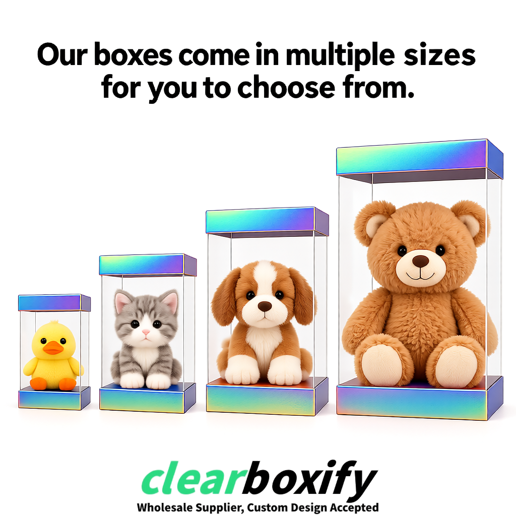 Iridescent Clear Toy Display Boxes with White Base & Top | Wholesale Bulk Packaging