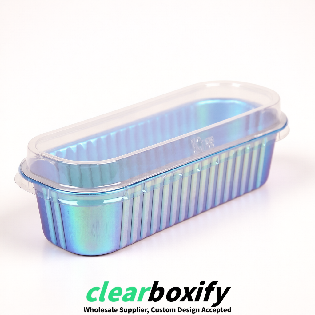 Iridescent Mini Loaf Pans with Clear Lids 6.8oz Rectangular Aluminum Foil Baking Pans Supplier