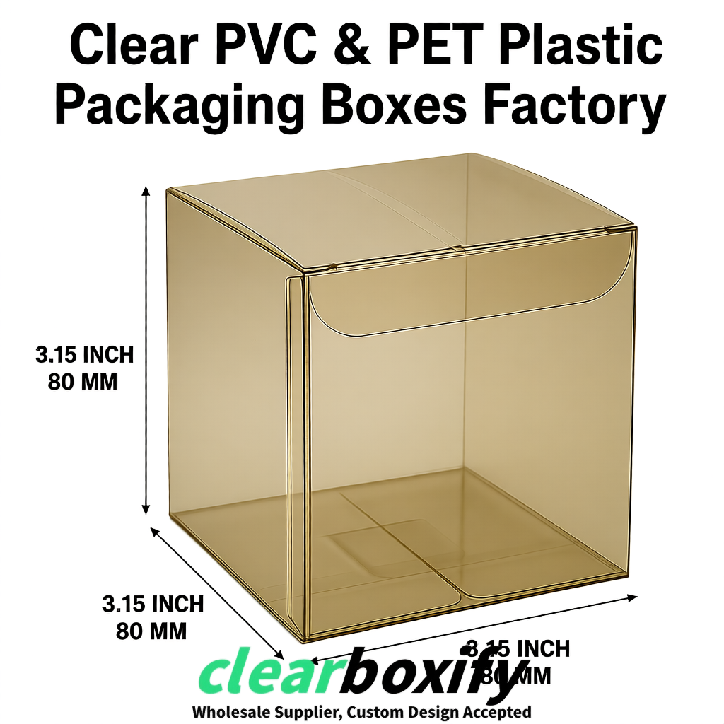 Khaki PPWR-ready PVC & PET Clear Boxes 80x80x80/120/140/190mm 70x70x160 mm Factory