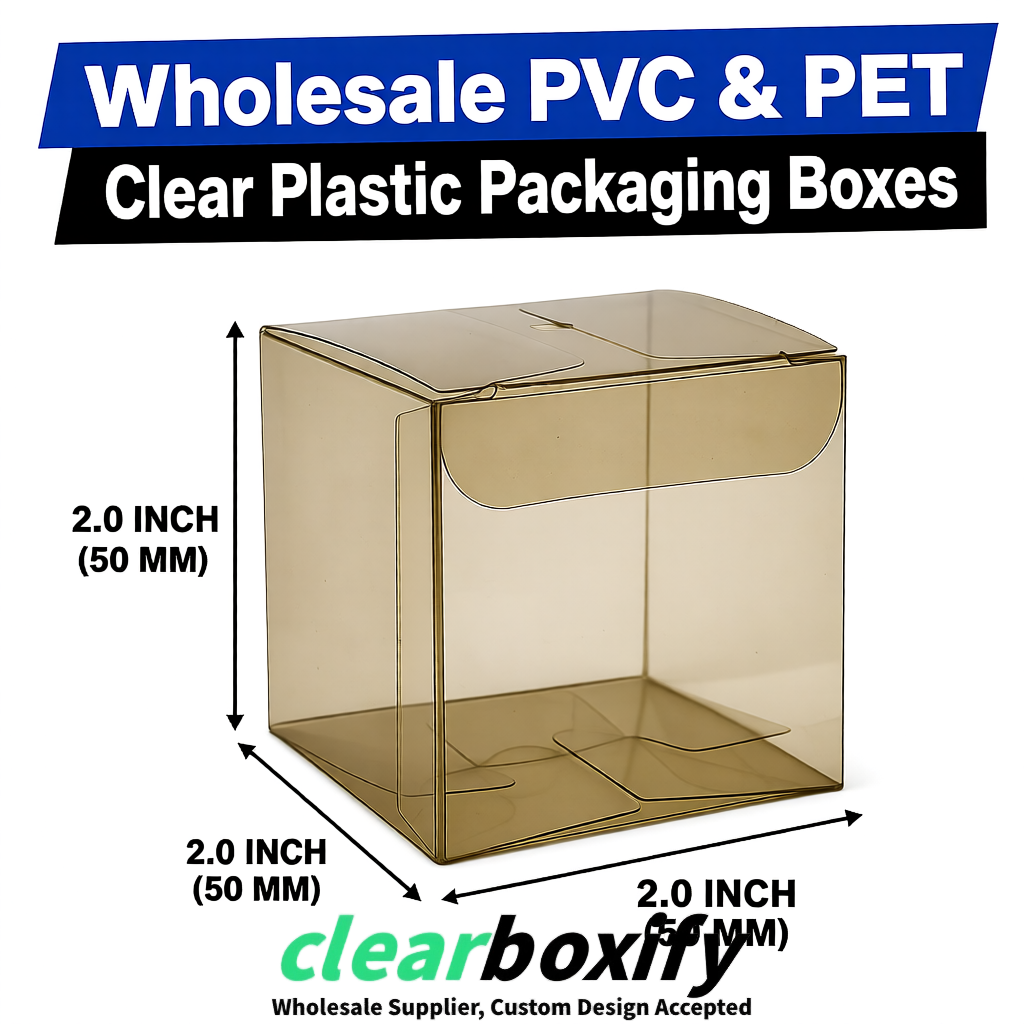 Khaki Clear PVC & PET Boxes 38x38x38, 40x40x40, 50x50x50/80mm