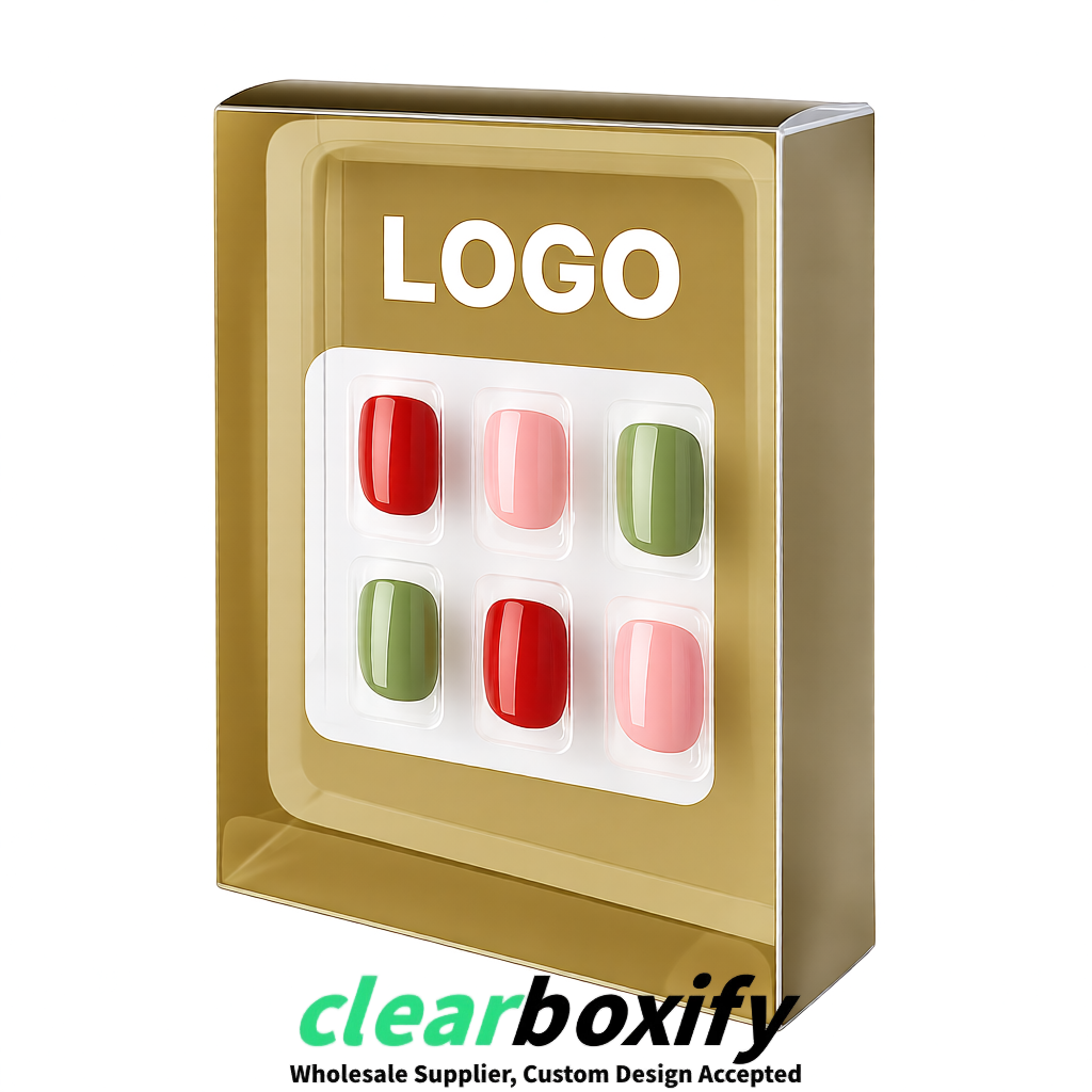 Khaki Clear Press-on Nails Box with Hanging Hook | Plastic PVC PP PET Packaging
