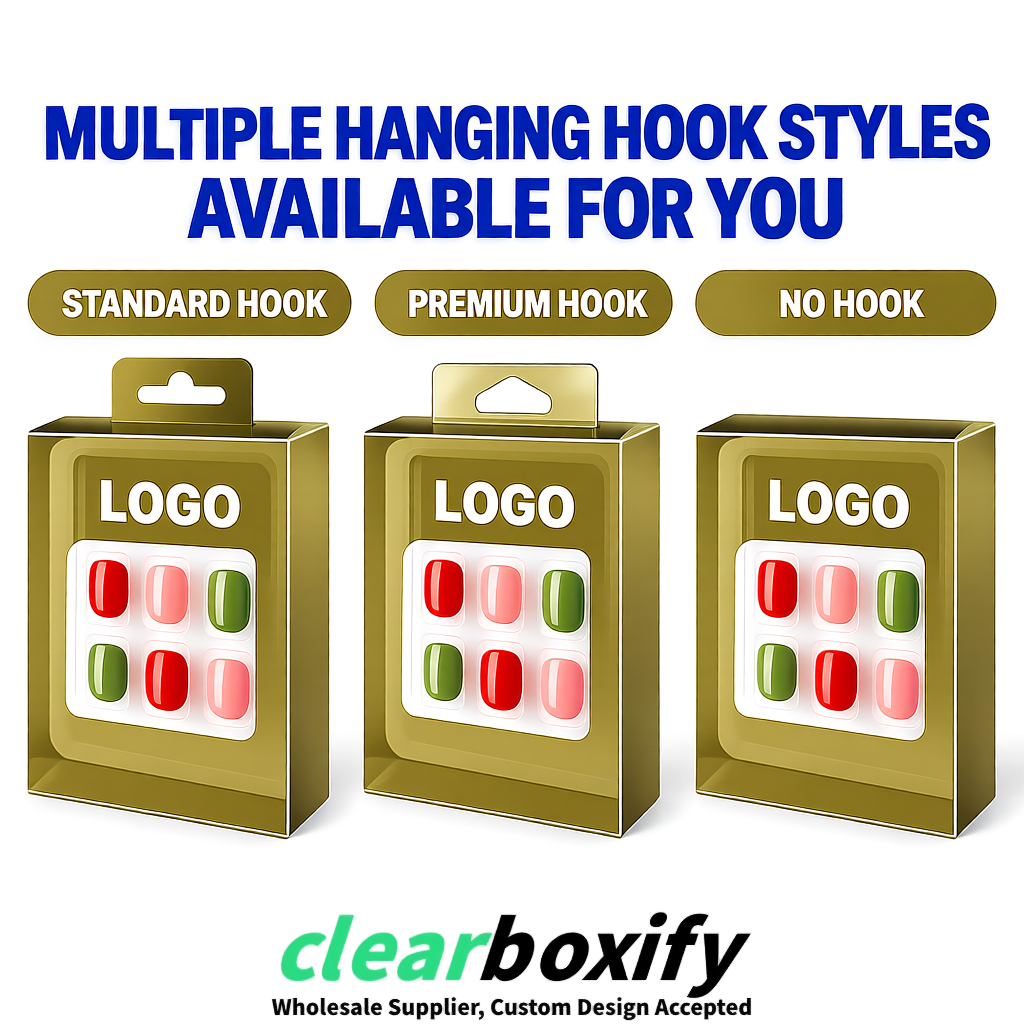Khaki Clear Press-on Nails Box with Hanging Hook | Plastic PVC PP PET Packaging